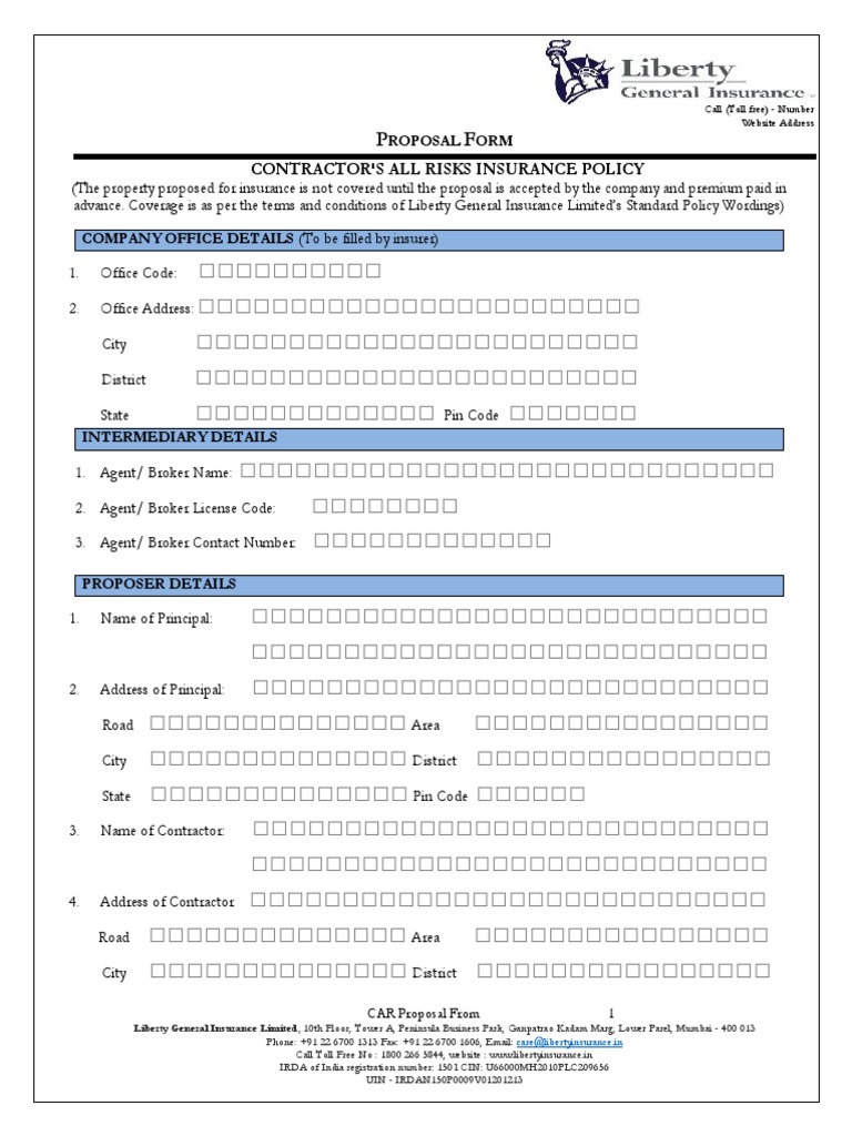 CONTRACTOR'S ALL RISKS - Proposal Form | PDF | Insurance | Insurance Broker