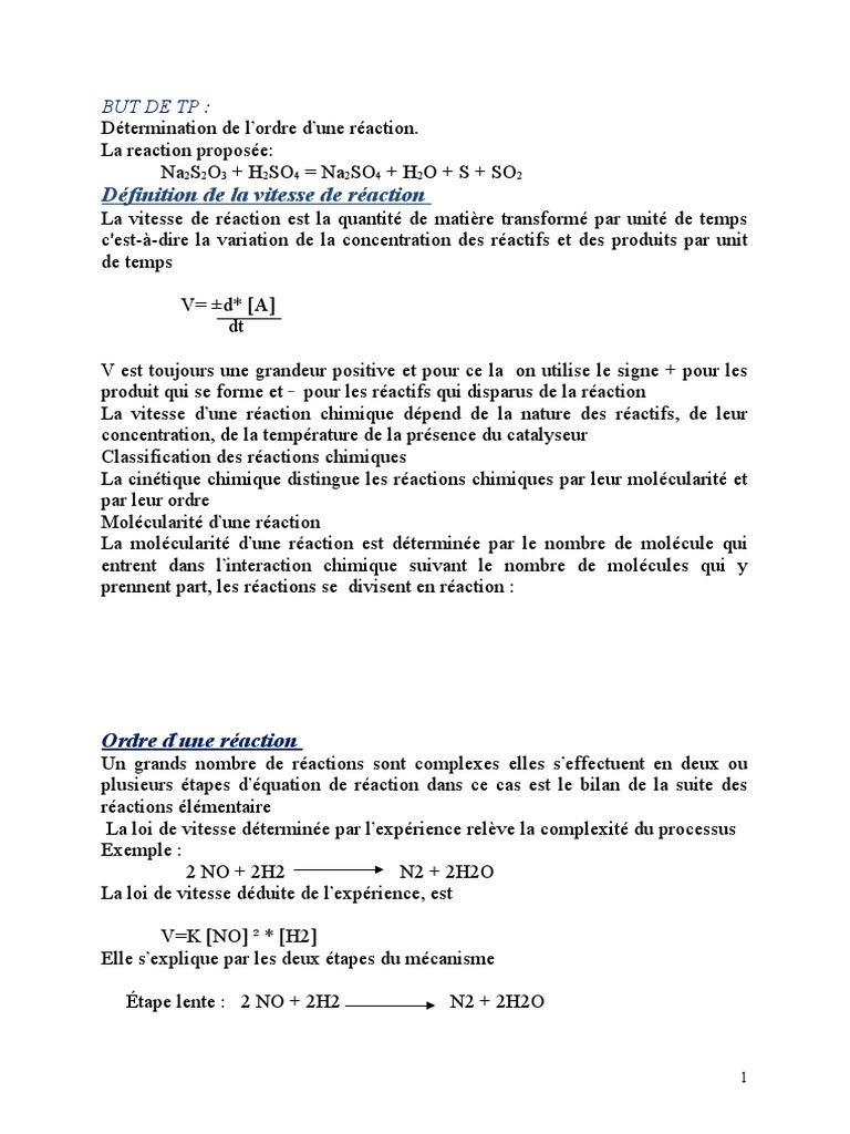Détermination de l'ordre d'une réaction chimique | PDF | Cinétique ...