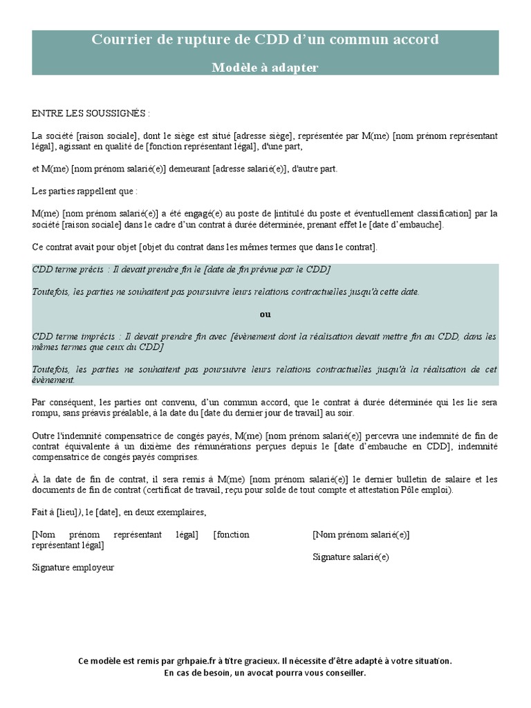 Modèle de rupture CDD d'un commun accord | PDF | Droit