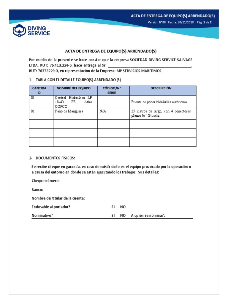 Acta de Entrega de Equipos Arrendados | PDF