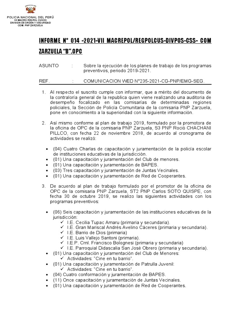 Informe de Actividades PNP Zarzuela 2019-2021 | PDF | Valores | Derecho ...