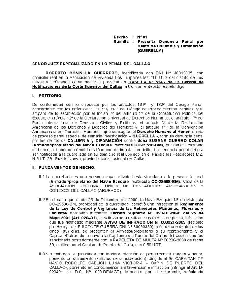 Querella por Calumnia y Difamación | PDF | Derecho penal | Intención ...
