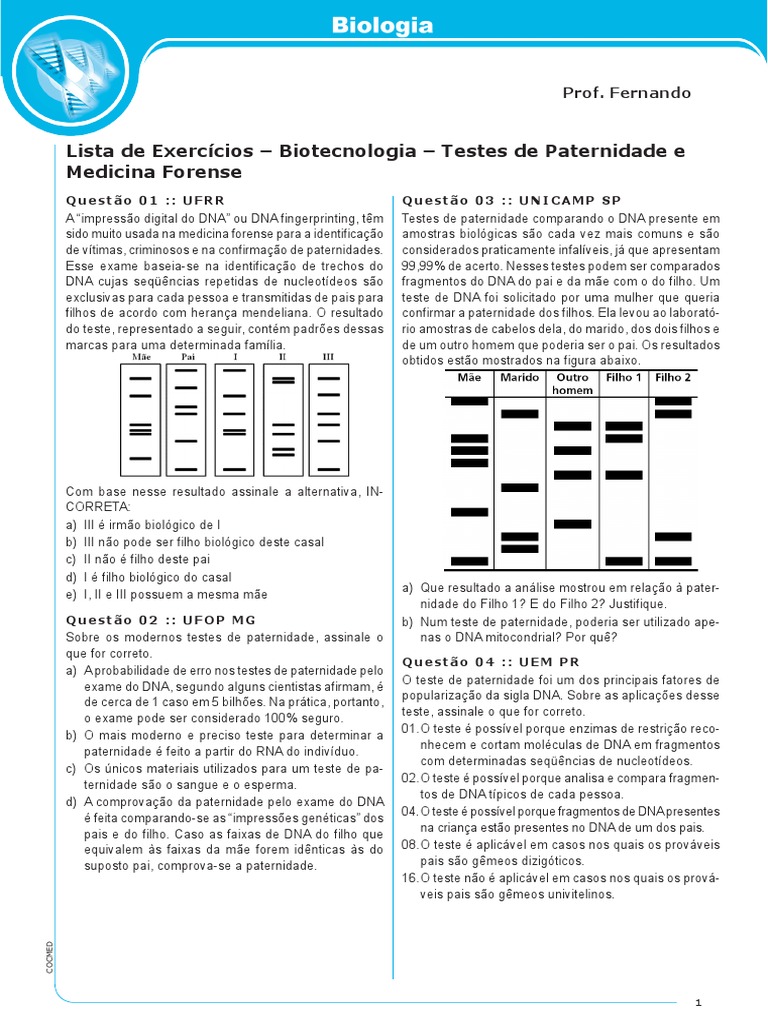 Lista De Exercicios Teste Pdf Dna Genética