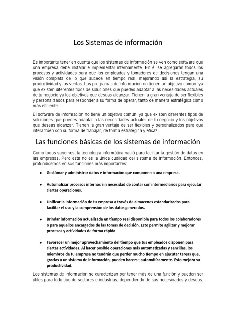 Funciones y importancia de sistemas de información | PDF | Sistema de ...