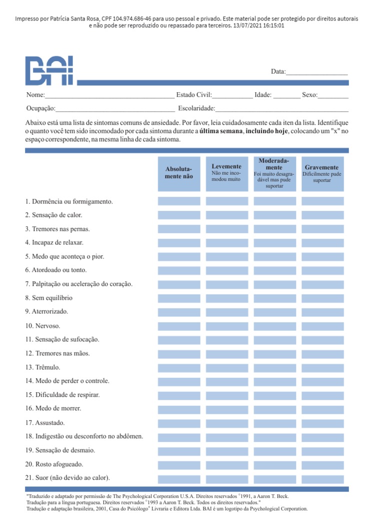 BAI Inventários de Beck - Escala de Ansiedade | PDF