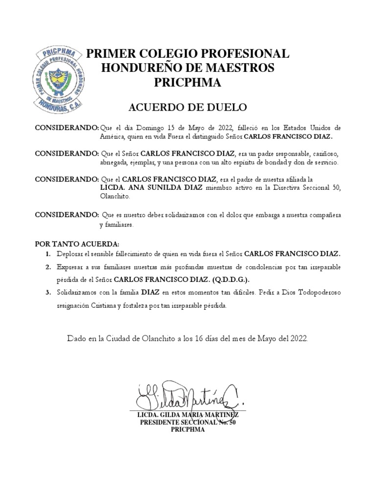 Acuerdo De Duelo Pricphma Pdf