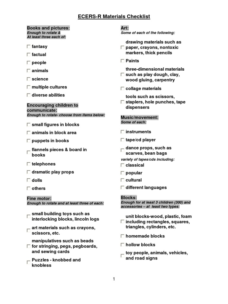 ECERS-R Materials Checklist Guide | PDF | Toys | Leisure