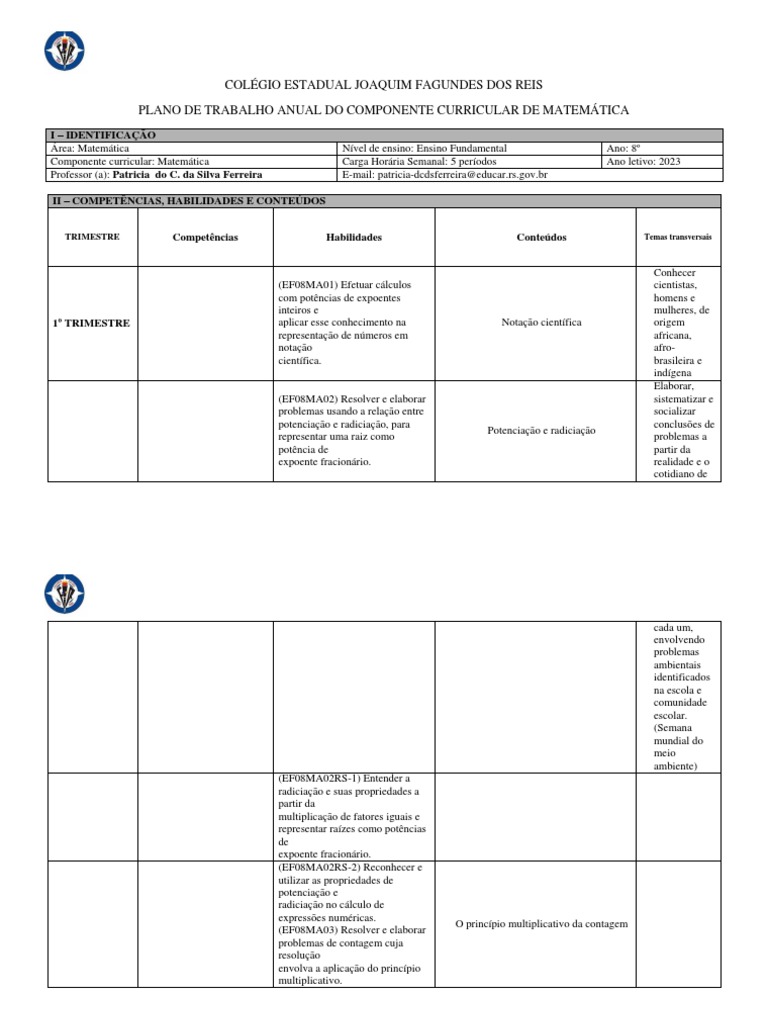 Plano Anual de Matemática 8º Ano 2023 | PDF | Equações | Geometria
