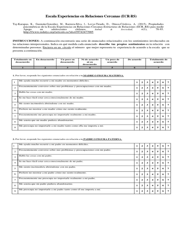 Escala Experiencias en Relaciones Cercanas (ECR-RS) | PDF