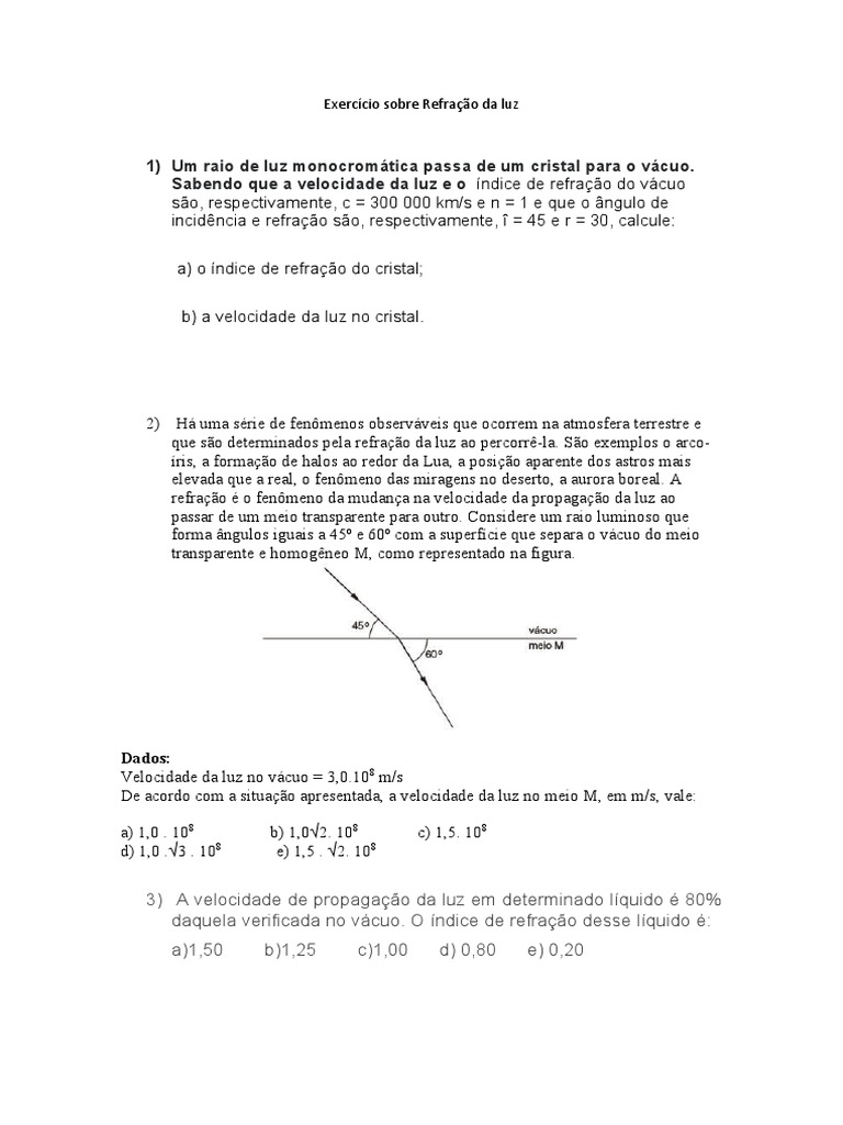 Exercícios sobre Refração da Luz | PDF | Refração | Ótica