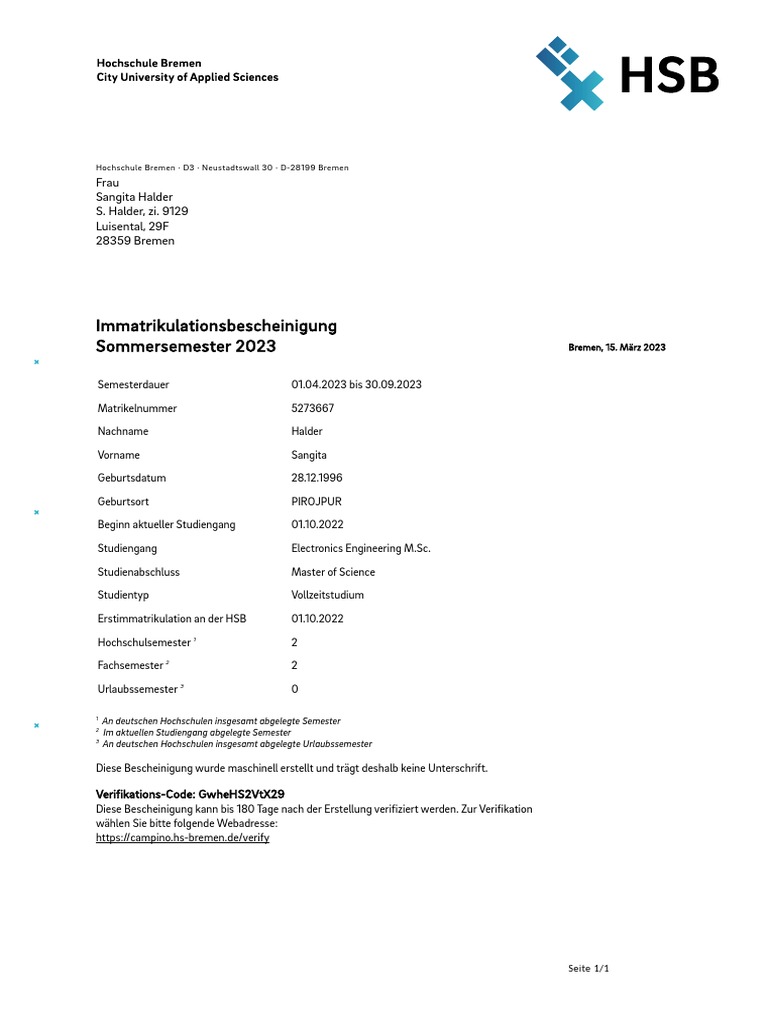 HSB - Immatrikulationsbescheinigung - Deutsch - Verify (PDF) | PDF