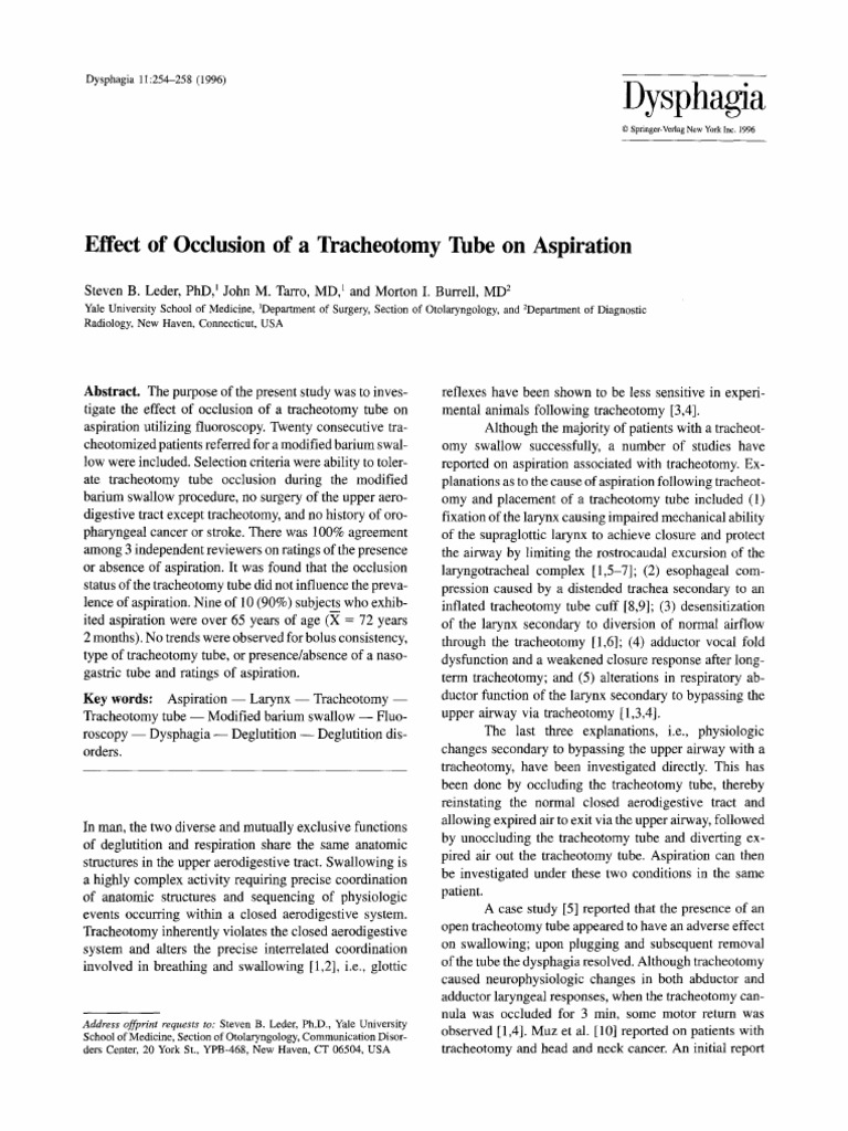 Effect of Occlusion of A Tracheotomy Tube On Aspiration PDF