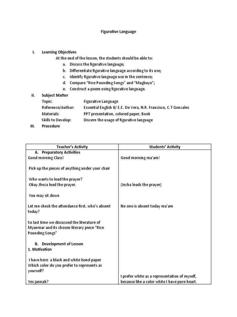 Figurative Language Lesson Plan PDF Metaphor Linguistics