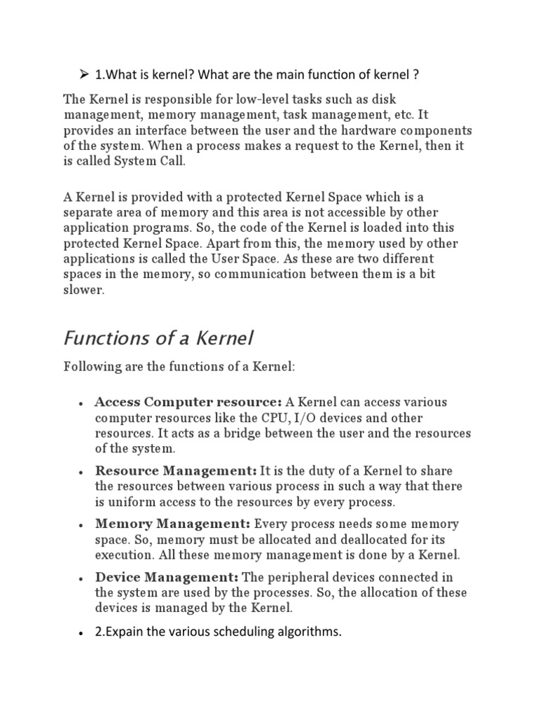 Functions of A Kernel 1.what Is Kernel? What Are The Main Function of Kernel ? PDF Kernel
