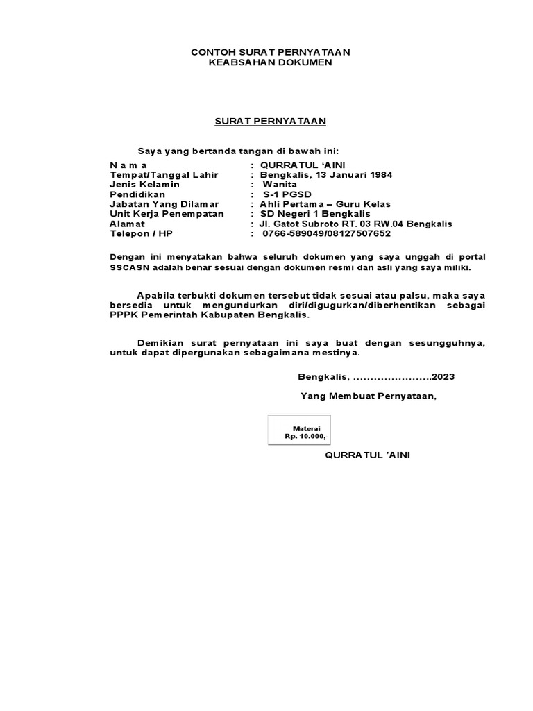 Contoh Surat Pernyataan Keabsahan Dokumen | PDF