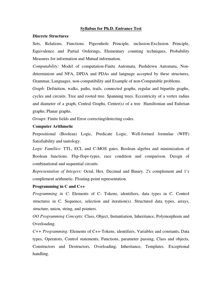 Ph.D. Entrance Test Syllabus: Discrete Structures & Computing | PDF ...