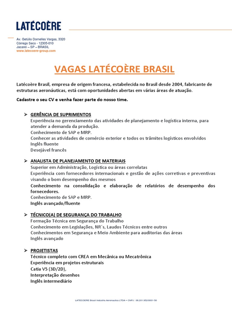 Vagas Abertas na Latécoère Brasil | PDF | Logística | Economias