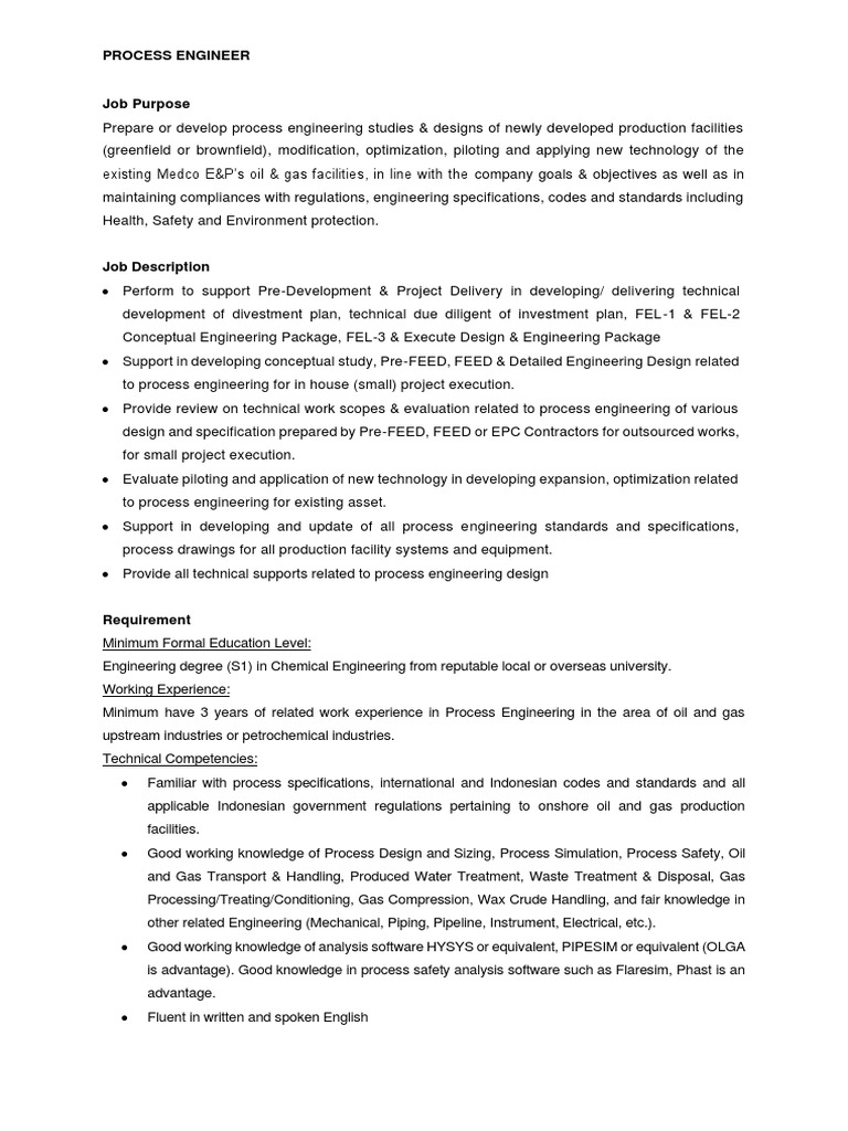 Job Description Process Engineer v1 PDF Engineering Process
