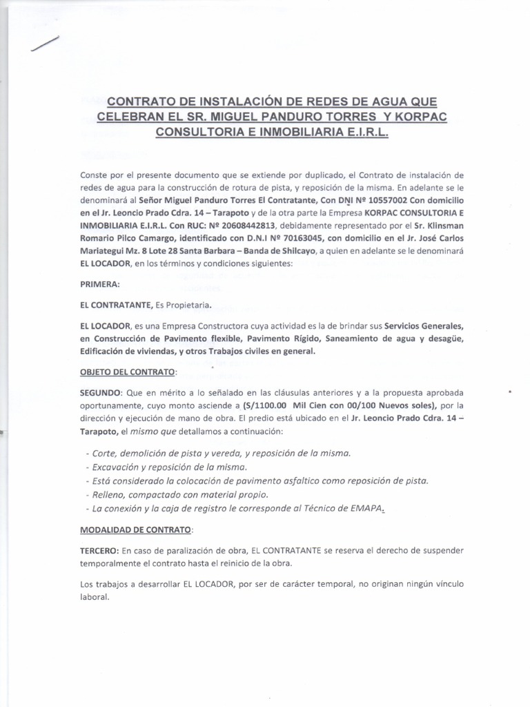 Contrato de Instalacion de Agua Sr. Miguel Torres y Korpac | PDF