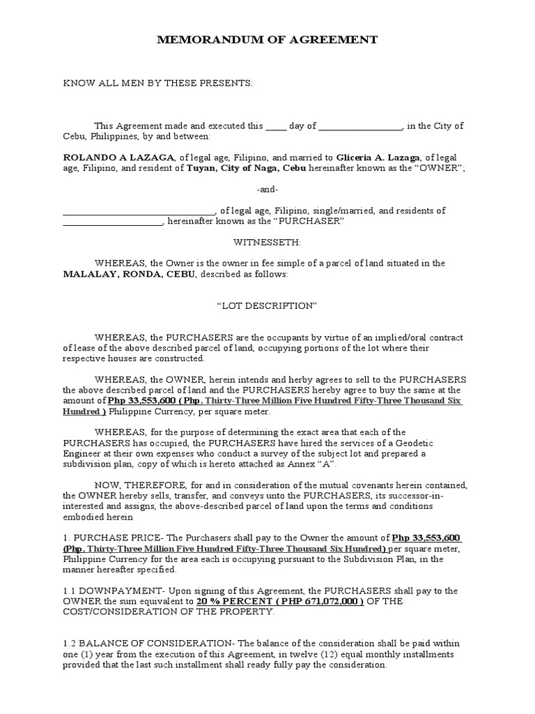 Memorandum of Agreement | PDF | Deed | Property Tax