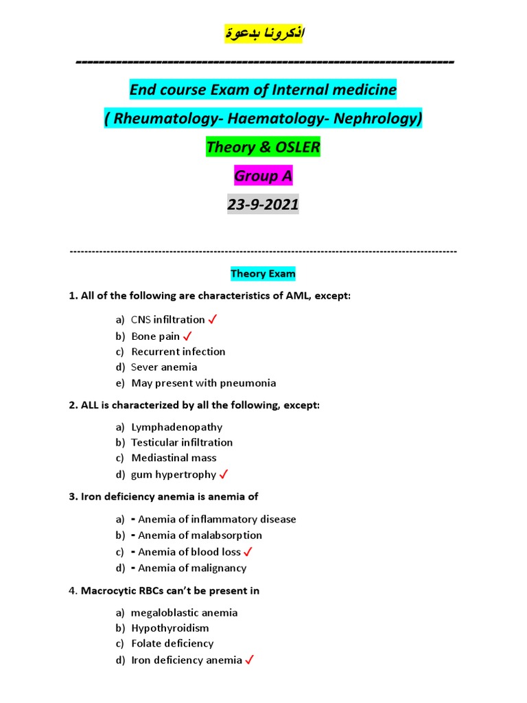 Internal Medicine Exam Overview | PDF | Anemia | Arthritis