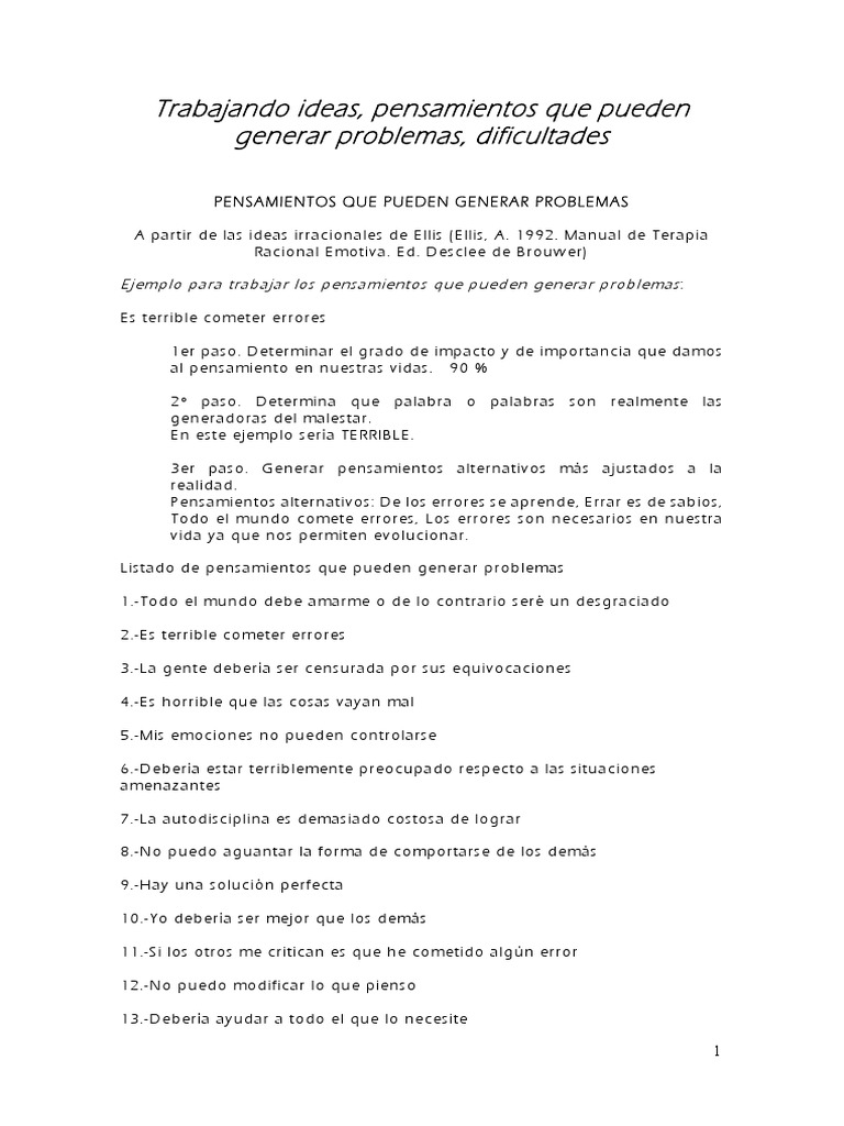 Práctica ideas irracionales de Ellis (Ellis, A. 1992. Terapia