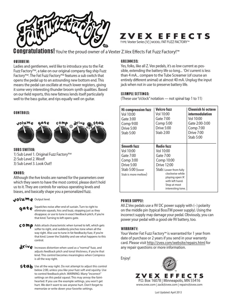 Z.Vex Fat Fuzz Factory Vexter 説明書・箱付き ZVEX Fat Fuzz Factory Instructions | PDF | Audio Engineering