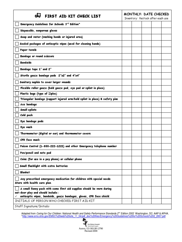 Child Care First Aid Kit Checklist PDF