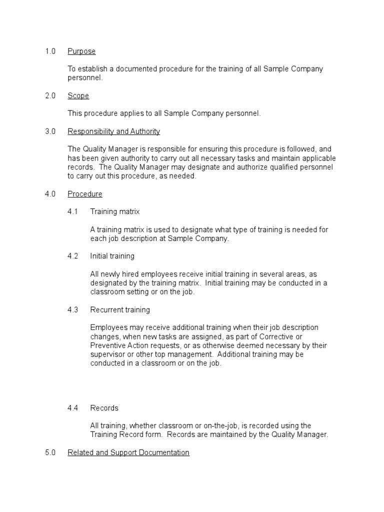 Sample Company Training Procedure Guide | PDF