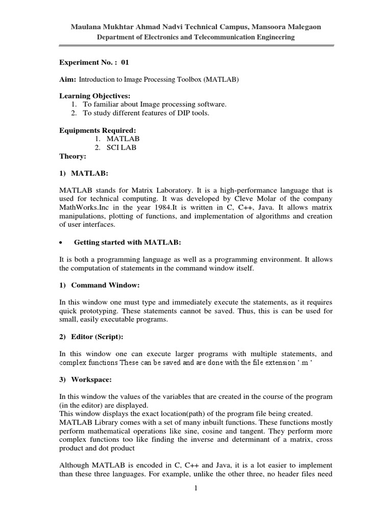 DIP Expt1 Introduction To DIP Tools PDF Matlab Computer Programming