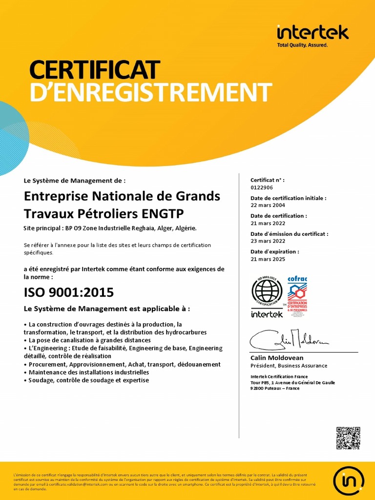 Certificat ISO 9001:2015 ENGTP | PDF | Algérie | Économie
