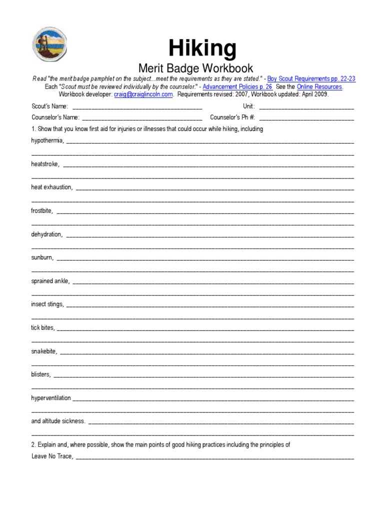 Hiking Merit Badge Workbook PDF Hiking Nature