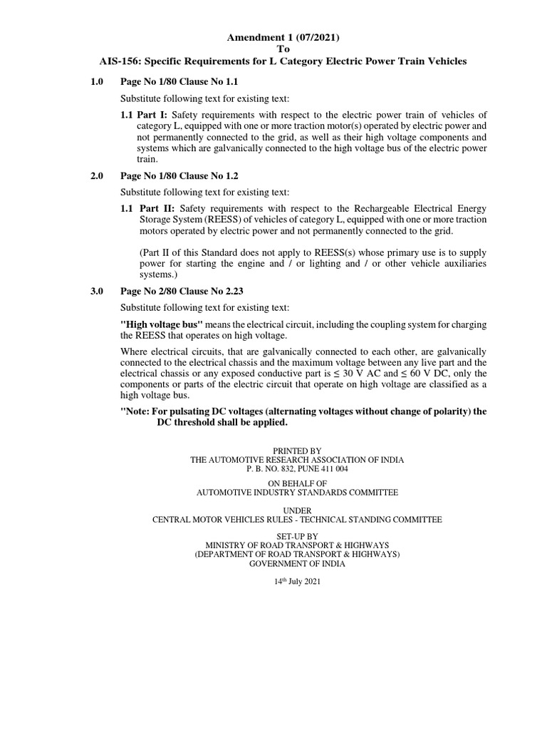 AIS-156: Safety Standards for L Vehicles | PDF | Insulator (Electricity ...