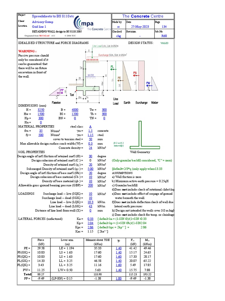 Reinforced Concrete Retaining Wall Design To BS 8110 PDF Microsoft Excel