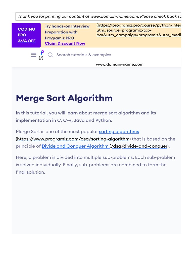 Merge Sort (With Code in Python-C++-Java-C) | PDF | Algorithms ...
