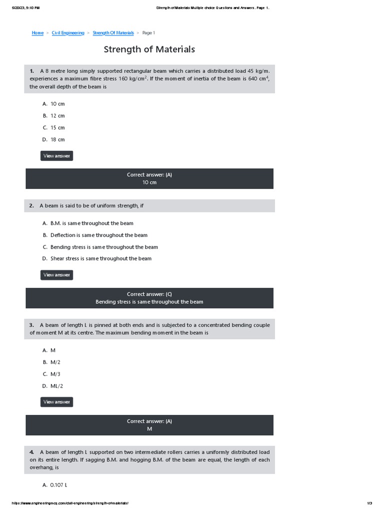 Strength of Materials: Correct Answer: (A) 10 CM | PDF | Beam ...