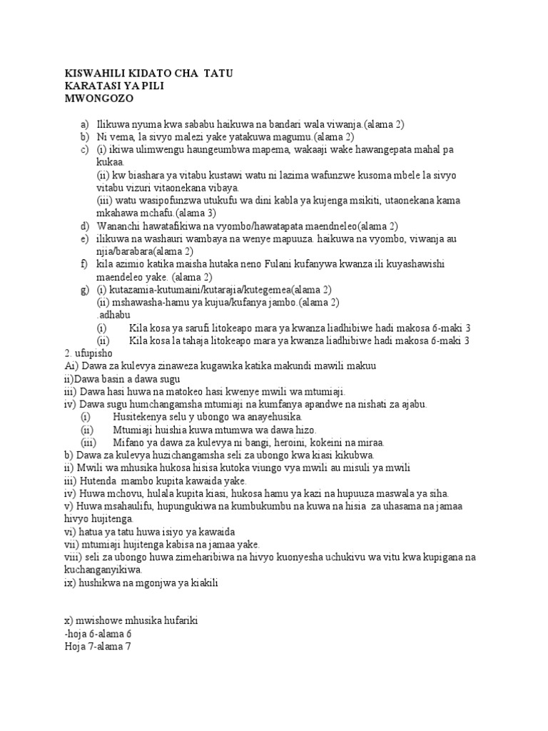 Kiswahili Form 3 PP2 Marking Scheme | PDF