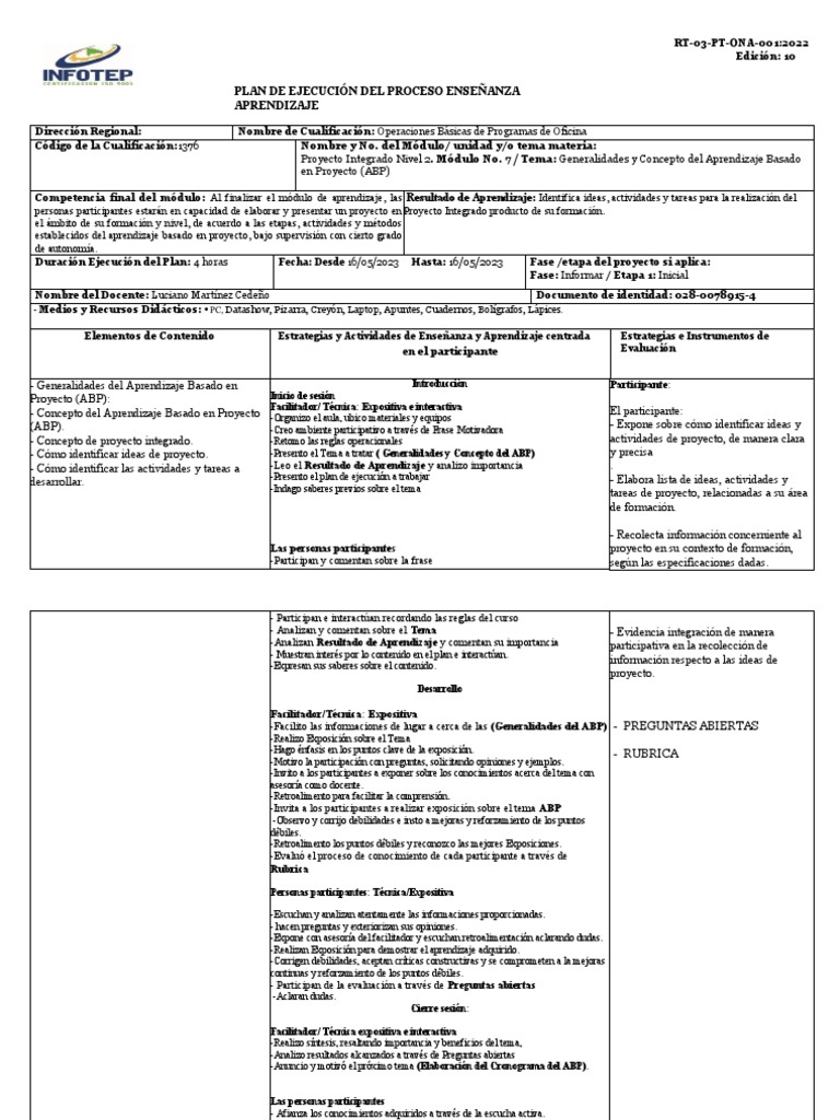 Plan de Ejecución ABP 2022 | PDF | Aprendizaje | Evaluación