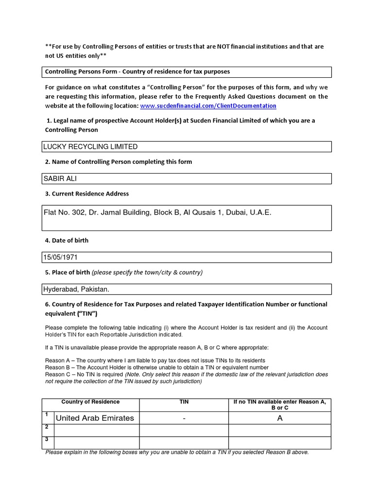 SFL Controlling Person Form Download Free PDF Taxes United Arab
