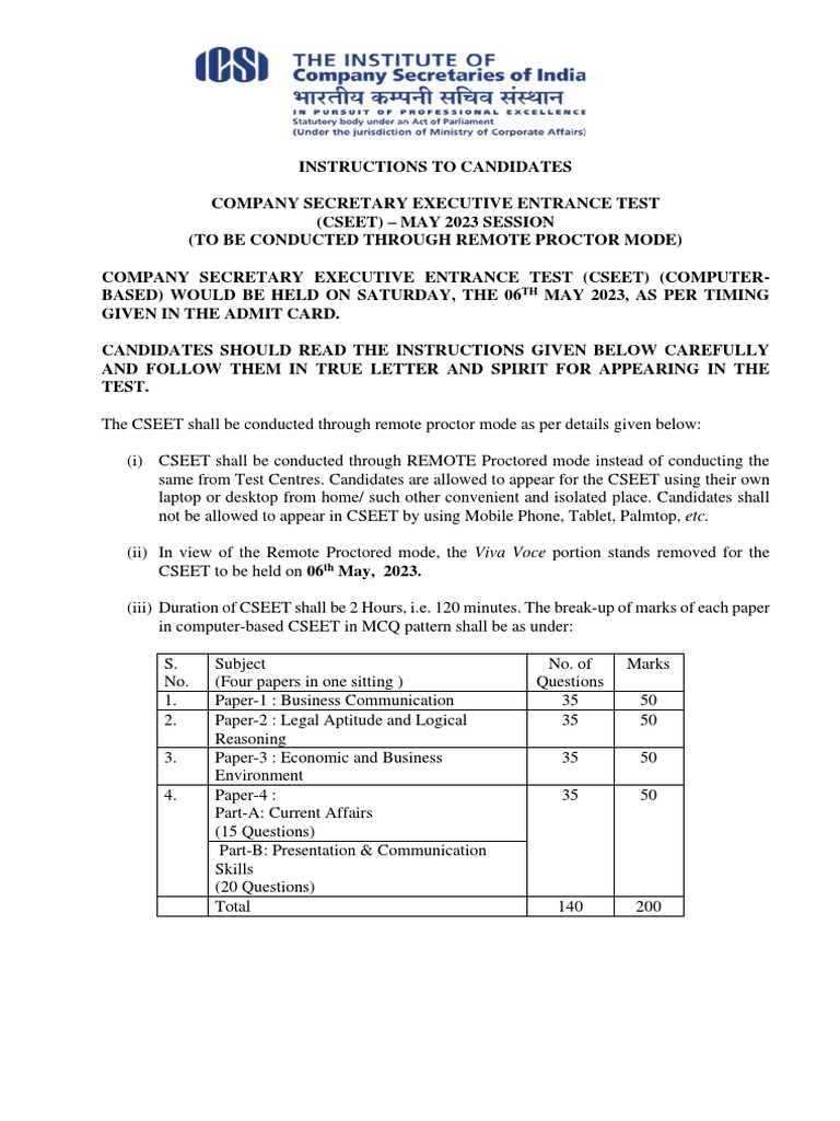 CSEET May 2023 Remote Proctor Guidelines | PDF | Laptop | University ...