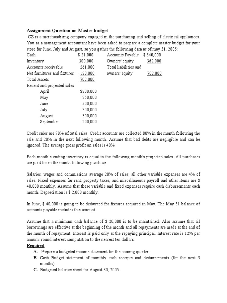Master Budget for CZ Company | PDF