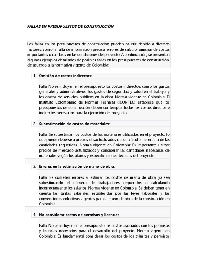 Fallas en Presupuestos de Construcción | PDF | Presupuesto | Colombia