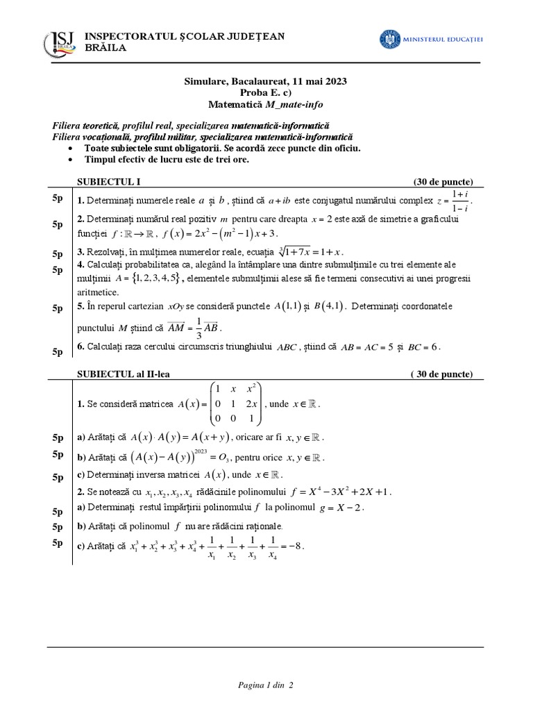Subiect Simulare Bac Matematica Informatica | PDF