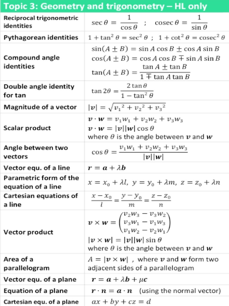 IB Math AA - Geometry and Trigonometry Formulas | PDF