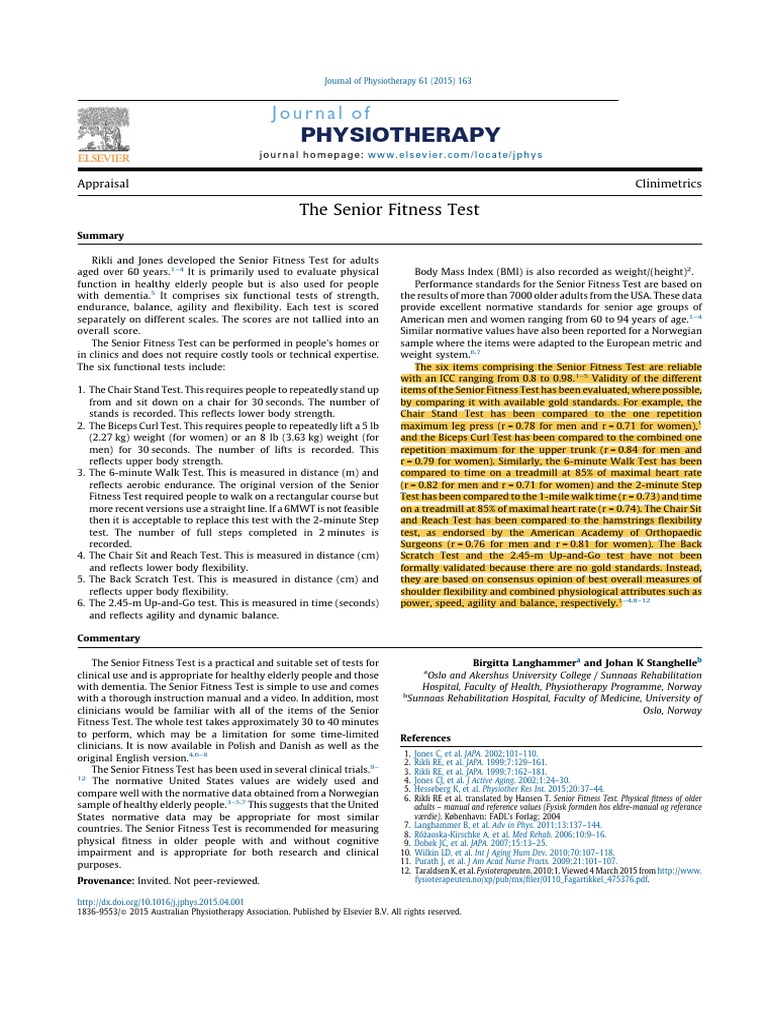 Psychometric Properties of Senior Fitness Test | PDF | Physical Therapy ...
