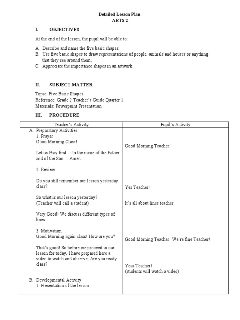 Detailed Lesson Plan - ARTS | PDF | Shape | Rectangle