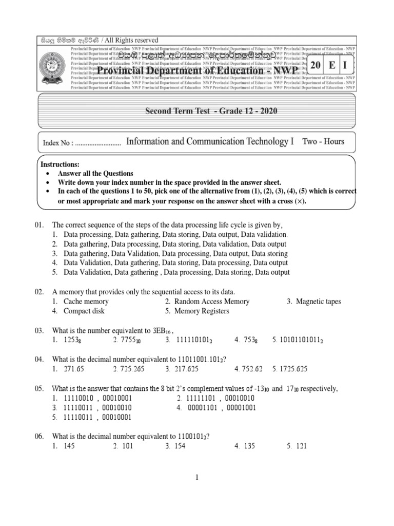 Grade 12 Information And Communication Technology 2nd Term Test Paper
