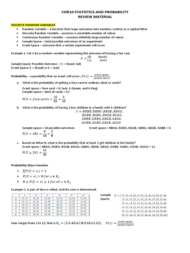 COR10 Review Material | PDF | Standard Deviation | Random Variable