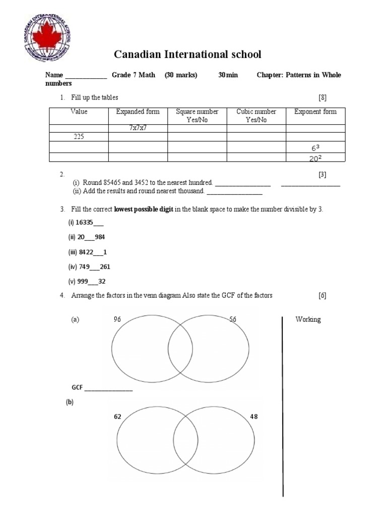 Grade 7 Math Patterns Worksheet | PDF