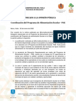 Comunicado de Prensa Coordinacion Pae Huila 2022